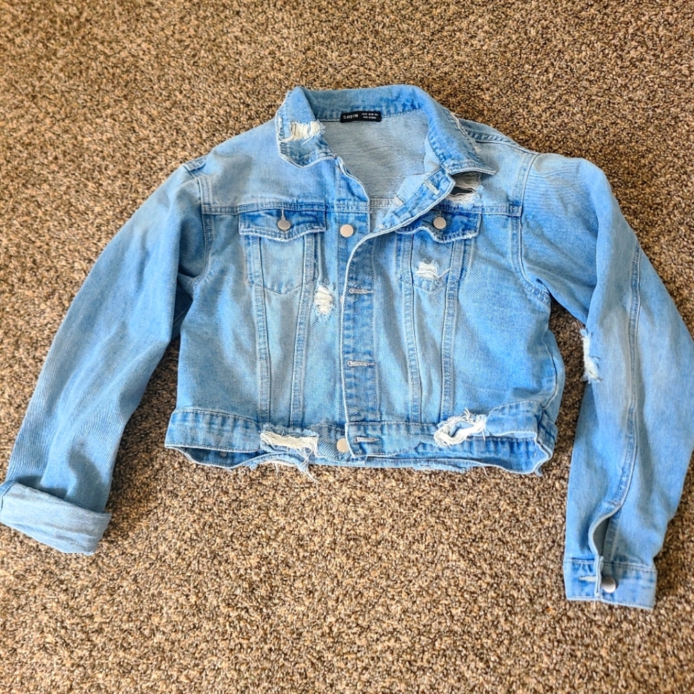 Shein Distressed Light Blue Denim Jacket Size M